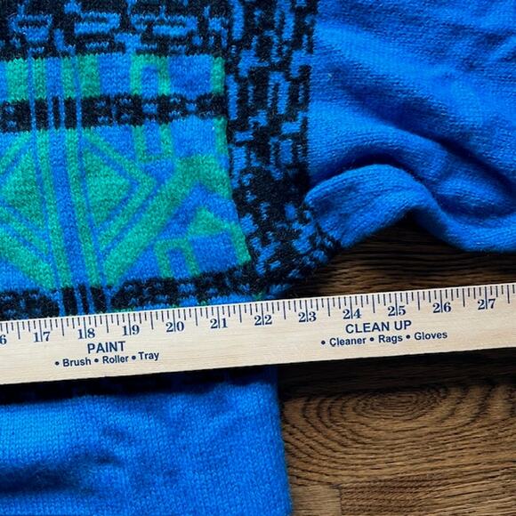 VTG 80s Demetre Pure Wool Crewneck Ski Sweater Mens L Fair Isle Geometric Blue - Picture 6 of 10